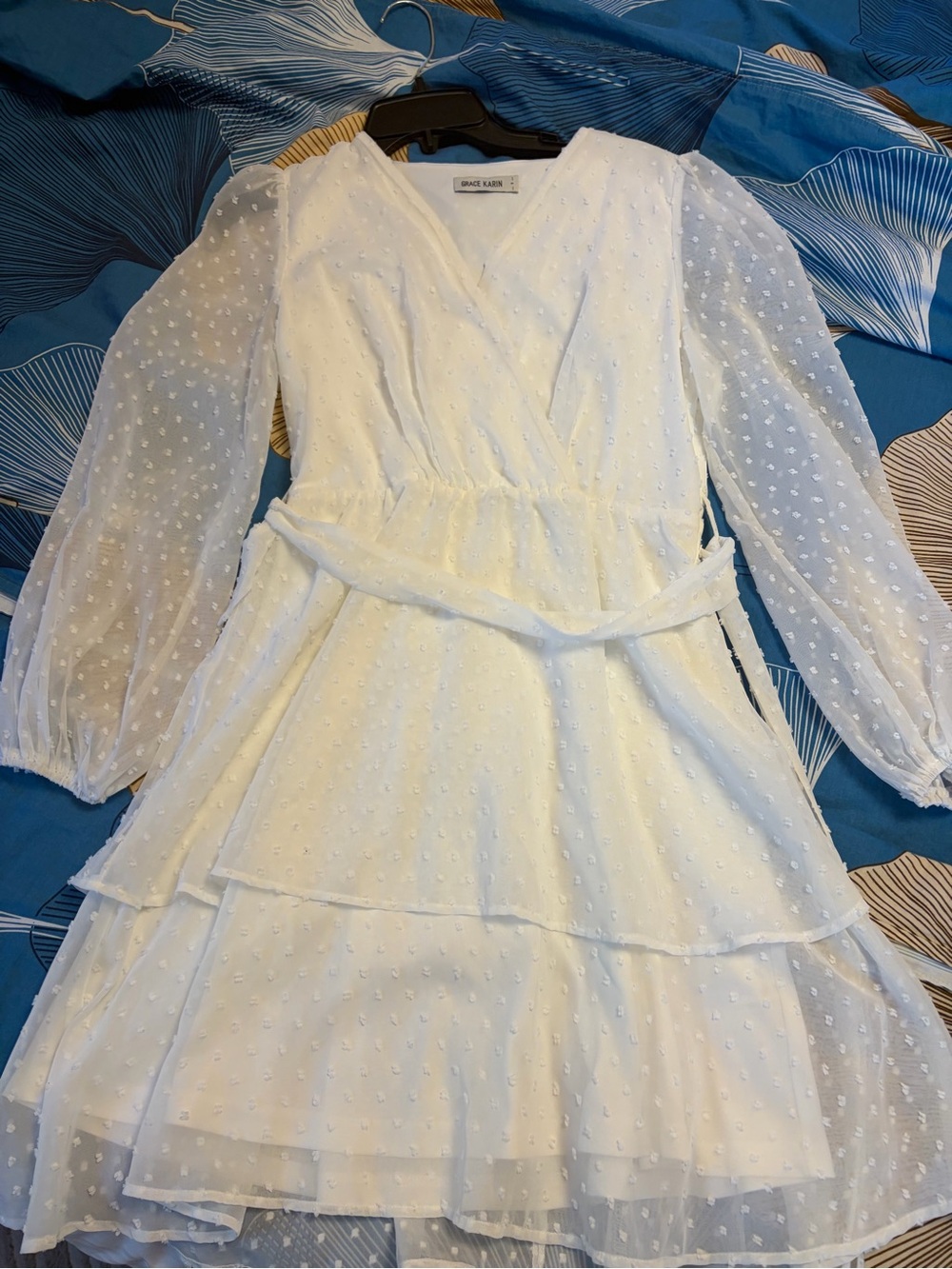 Grace Karin White Swiss Dot Long Sleeve Tiered Wrap Dress with Self-Tie
